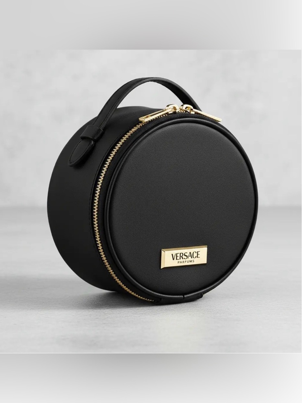 Versace Black Round Cosmetic Case with Gold Hardware
